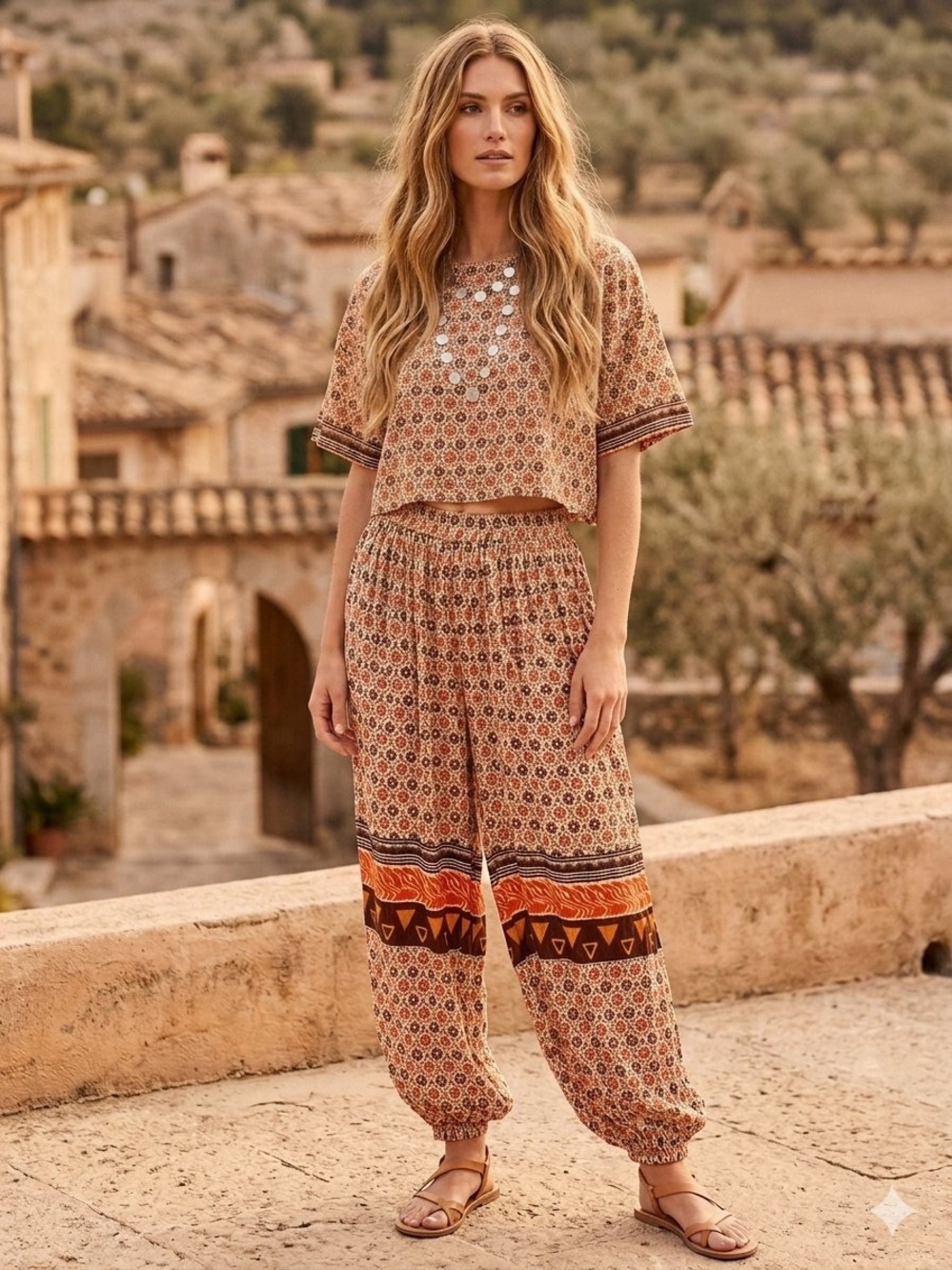 Step In Style Boho Earth Tone Harem Balloon Smocked Medallion Flowy Pants L